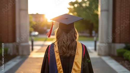 Graduate student wearing academic regalia and mortarboard cap walks toward bright sunset light on campus grounds