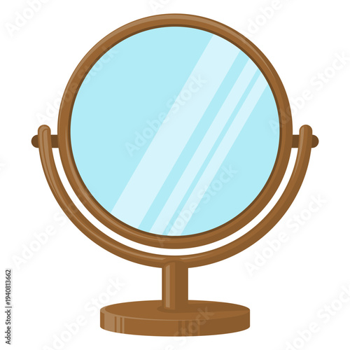 Round wooden table mirror vector illustration, isolated circular vanity mirror on stand, flat design interior element for makeup application, grooming, and morning routine visualization.