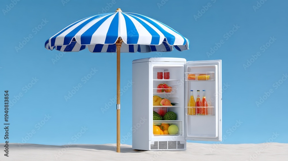 Naklejka premium Refrigerator with open door displaying colorful beverages and fruits under a blue and white striped beach umbrella on a sandy beach against a clear blue sky