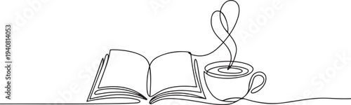 Minimalist continuous line art of books and coffee for reading and relaxation, One continuous line drawing of a book and a cup of coffee. one line Icon drawing