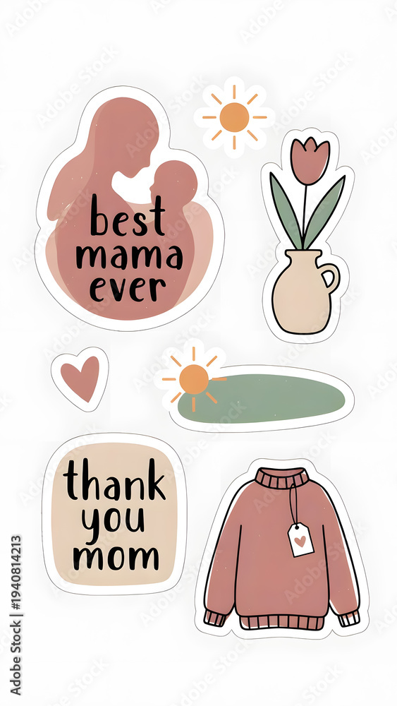 Fototapeta premium A set of cozy hand-drawn stickers featuring a mother and child silhouette, a tulip in a vase, a sweater, and 