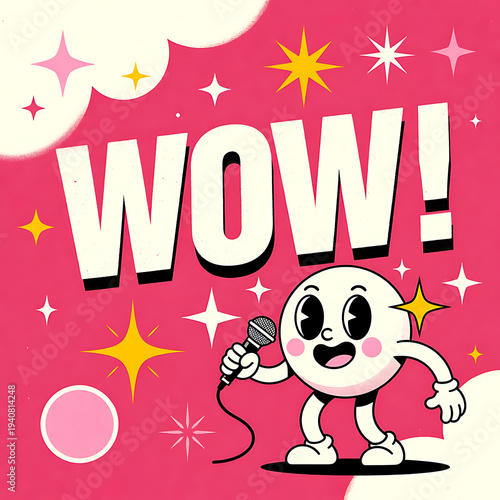 Playful retro cartoon character sings into microphone beneath bold “WOW!” lettering, surrounded by stars and sparkles on vibrant pink background. Fun, energetic, celebratory, whimsical illustration