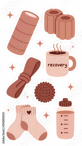 Workout recovery icons sticker sheet with yoga and fitness gear on white background. 