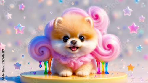Whimsical 3D Render of a Fluffy Pomeranian Puppy Surrounded by Pastel Pink Fur Swirls, Rainbow Liquid Drips, and Glowing Stars