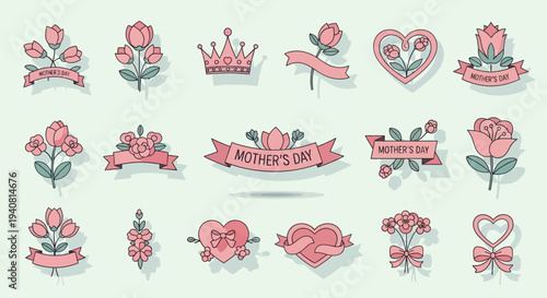 Decorative Mother’s Day flat icons with soft pastel colors, flower, crown, ribbon, heart shapes