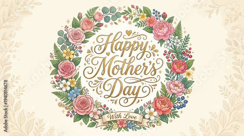 Decorative calligraphy lettering Happy Mother’s Day with floral wreath frame, vector illustration