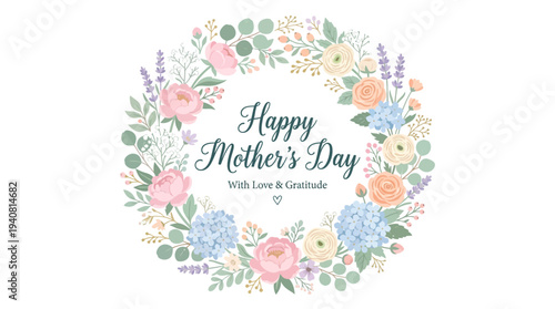 Elegant floral wreath with pastel flowers and leaves, Mother’s Day greeting design, flat vector illustration, isolated on white background