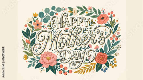 Elegant hand drawn lettering for Mother’s Day with botanical elements, flat vector style