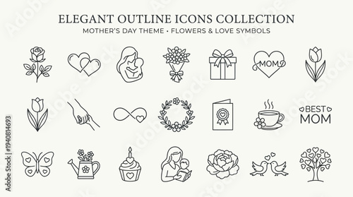 Elegant outline icons collection for Mother’s Day theme, flowers and love symbols