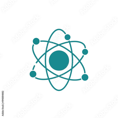 Minimalist teal atom icon representing science, technology, research, and innovation in a clean and modern vector design, perfect for educational or business graphics