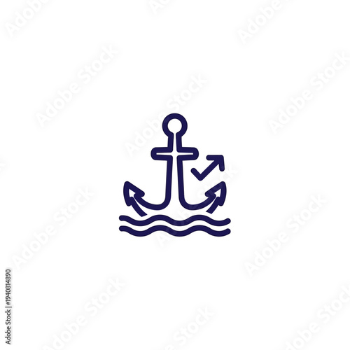 Nautical Anchor Symbol with Waves, Maritime Marine Equipment, Sea Travel and Adventure Icon