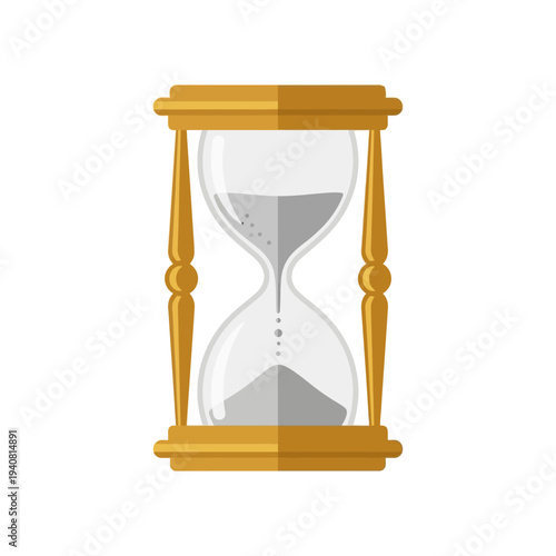 Classic hourglass with golden frame and flowing sand, symbolizing time passing and a measure of duration, isolated on white background
