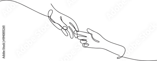 Single line drawing of romantic or helping concept, Two hands reaching out towards each other drawn by continuous one line. one line Icon drawing