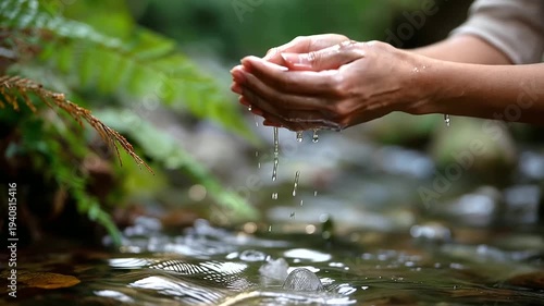 Faceless hands touching sacred spring water holy site pilgrimage spiritual purification ritual natural healing source wellness journey meditation practice tranquil moment