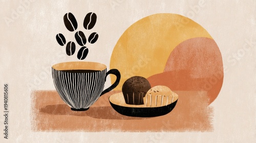 Hand Drawn Coffee Beans and Pastry on a Minimal Wall Decor Background Creating a Modern Cafe Scene Perfect for Coffee Lovers