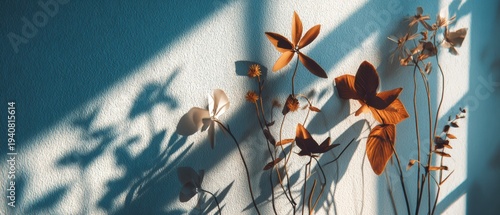 Bright light casts shadows on a wall where a floral composition in modern art style stands, showcasing various shapes and colors during daylight.
