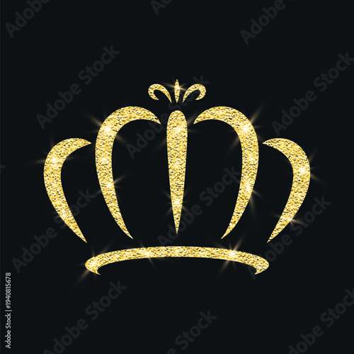 Vector Shining Gold Glitter Crown Icon. Royal Tiara. Luxury Sparkle Crown Emblem on Black. Gold Glitter Crown Icon for Queen and King. Gold Glitter Crown Clipart, Luxury Tiara Logo, Sparkling Jewel