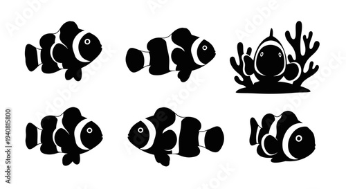 Clownfish Silhouette Collection: Underwater Life, Marine Animals, Tropical Fish Icons