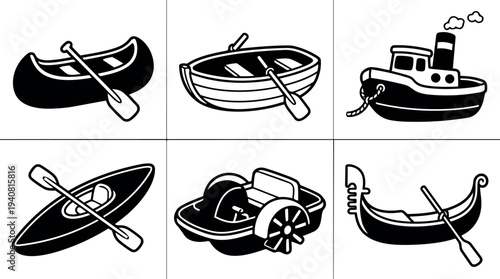 Flat design nautical icon set showing six black line boats including canoe, rowboat, tugboat, kayak, paddle boat and gondola, isolated