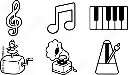 Minimalist line art music icon set treble clef piano keys dancing ballerina music box gramophone metronome flat black and white