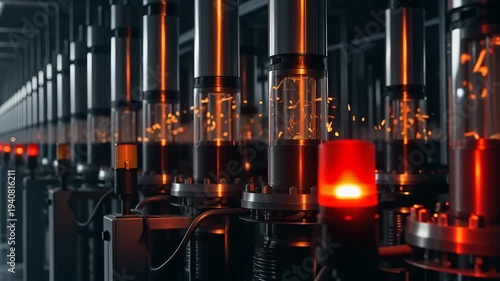 Industrial uranium enrichment centrifuge facility with glowing warning lights. Nuclear fuel production technology and energy reactor hardware for global security.