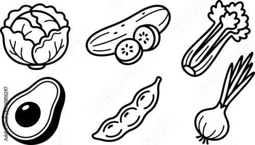Line art vegetable icon set showing cabbage, cucumber slices, celery, avocado half, edamame pod and spring onion in black strokes