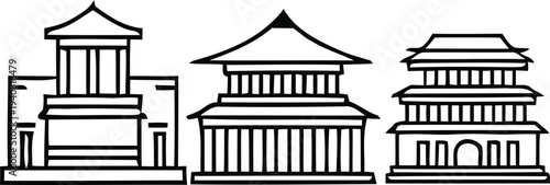 Three asian style towers with pagoda roofs and columns