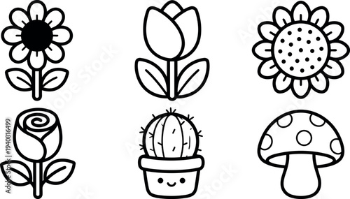 Minimalist line art floral and cute succulent icon set six icons three flowers rose tulip sunflower cactus mushroom in row