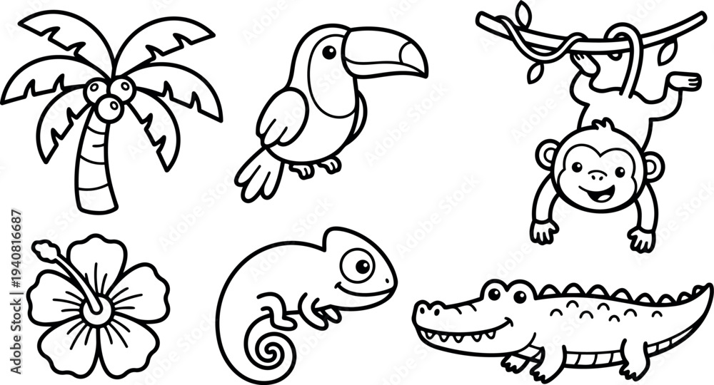 Naklejka premium Line art cartoon tropical animal icons set close up smiling monkey hanging from vine with toucan and palm tree chameleon hibiscus