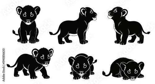 Adorable Lion Cub Silhouettes: Set of 6 Poses, Cute Baby Animal Vector Graphics