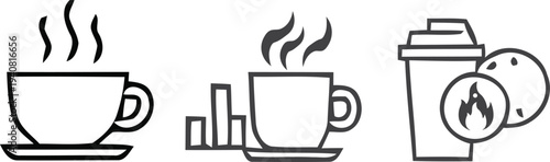 Black and white line art of steaming coffee cups and a water bottle