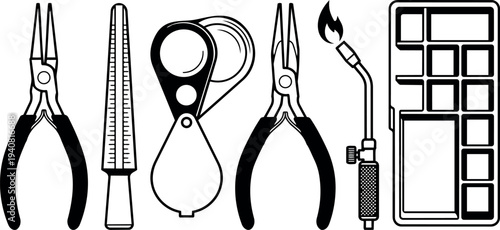 Flat vector jewelry tools close up showing black pliers file loupe torch and component tray in minimalist studio lighting isolated icons