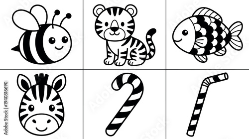 Line art cute animal and candy icon set showing smiling bee tiger fish zebra candy cane and striped straw grid