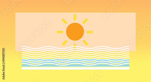 Bright summer sun shining over stylized ocean waves and sandy beach background