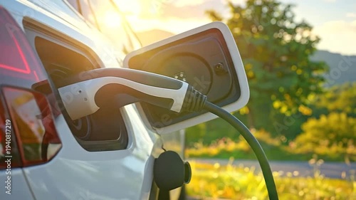 Electric vehicle charging port connected to a modern automobile