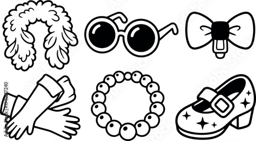 Line art vintage costume accessory icons showing feather boa, round sunglasses, bow tie, opera gloves, beaded necklace, mary jane shoe