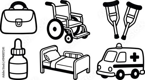 Line art medical icon set showing wheelchair, ambulance, hospital bed, crutches, dropper bottle and medical bag in clean vector