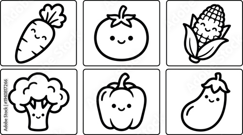 Whimsical kids doodle line art vegetable icon panel with smiling carrot tomato corn broccoli bell pepper and eggplant in panels