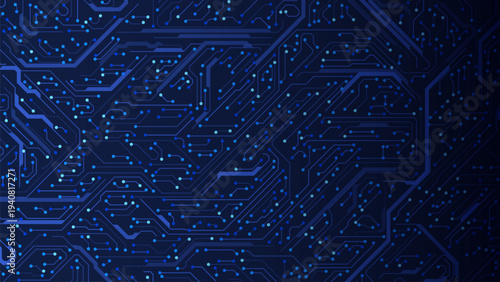 Circuit board background. Blue electronic circuits and glowing motherboards, futuristic digital network lines. High tech microchip traces, glowing computer processing paths and data flow computing