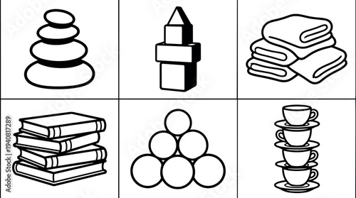 Line art icon set grid with stacked stones blocks folded towels book pile ball pyramid and stacked teacups black outline
