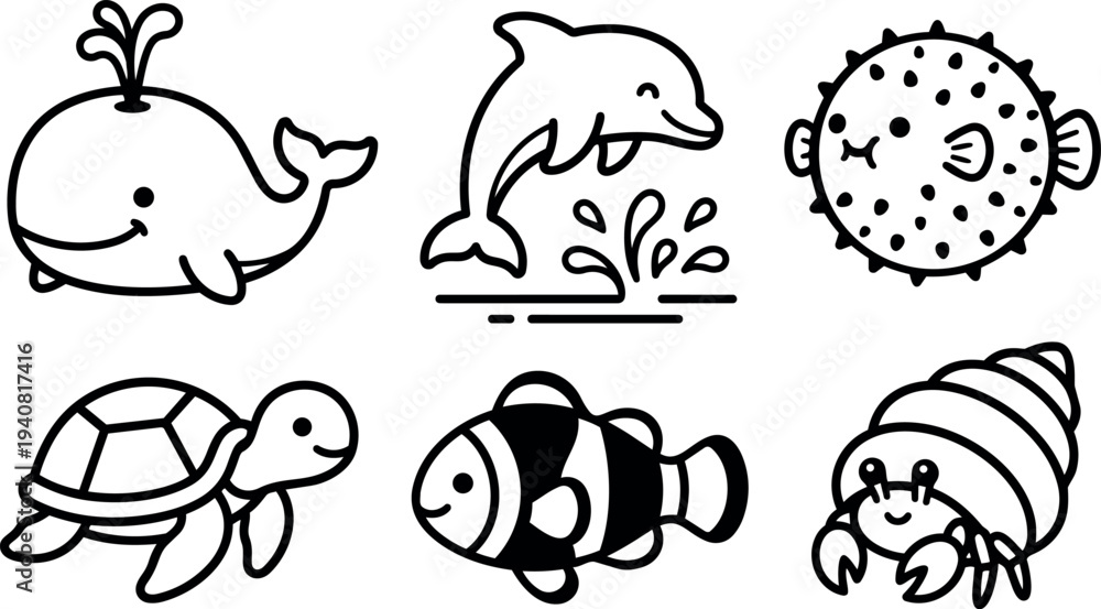 Fototapeta premium Line art cute sea animal icon set showing smiling whale with spout, jumping dolphin, pufferfish, turtle, clownfish, playful hermit crab