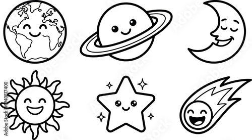 Line art kawaii celestial icon set showing smiling earth, saturn, moon, sun, star and comet in landscape layout black outline