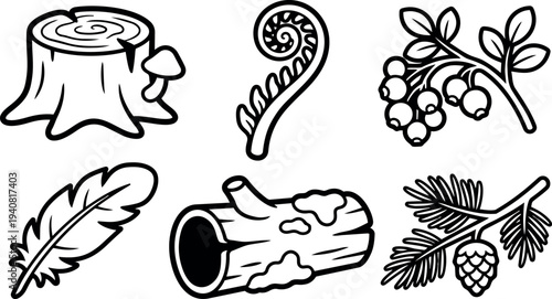 Line art vector botanical icons set showing tree stump with mushroom, fiddlehead fern, berries, feather, hollow log, pine cone branch