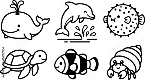 Line art cute sea animal icon set showing smiling whale with spout, jumping dolphin, pufferfish, turtle, clownfish, playful hermit crab