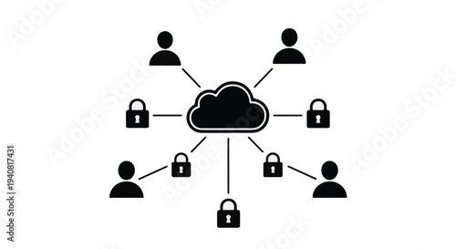 Cloud computing network security concept with people and padlocks connected to central cloud storage icon in black and white