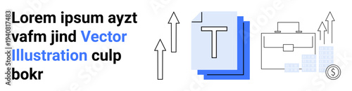 Business development, career growth, corporate planning, finance, investment, documentation. Briefcase icon with arrows and stacked paper files. Business development and career growth concept