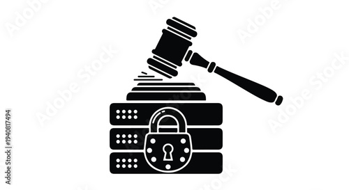 Gavel Hitting Data Servers with Padlock Icon - Cyber Law and Data Security Concept