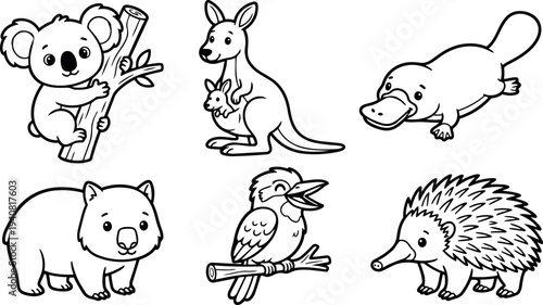 Line art cute australian animal set with koala clinging to log, kangaroo with joey, platypus, wombat, kookaburra and echidna outline vector friendly