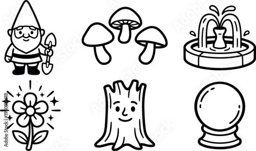 Whimsical kids doodle garden icons with smiling gnome holding shovel, mushrooms, fountain, sparkling flower, friendly tree stump, crystal orb
