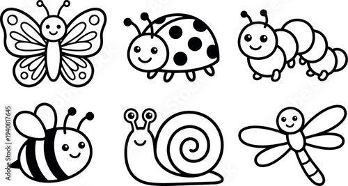 Whimsical kids doodle vector set showing smiling butterfly ladybug caterpillar bee snail dragonfly in simple black line art facing viewer